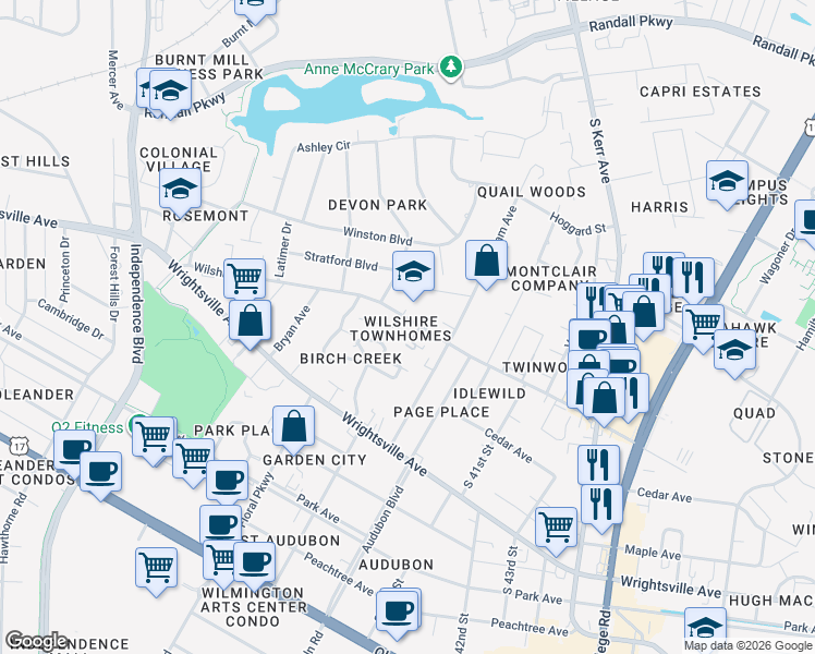 map of restaurants, bars, coffee shops, grocery stores, and more near 3805 Wilshire Boulevard in Wilmington