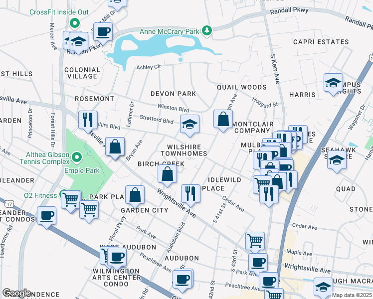 map of restaurants, bars, coffee shops, grocery stores, and more near 913 Downey Branch Lane in Wilmington