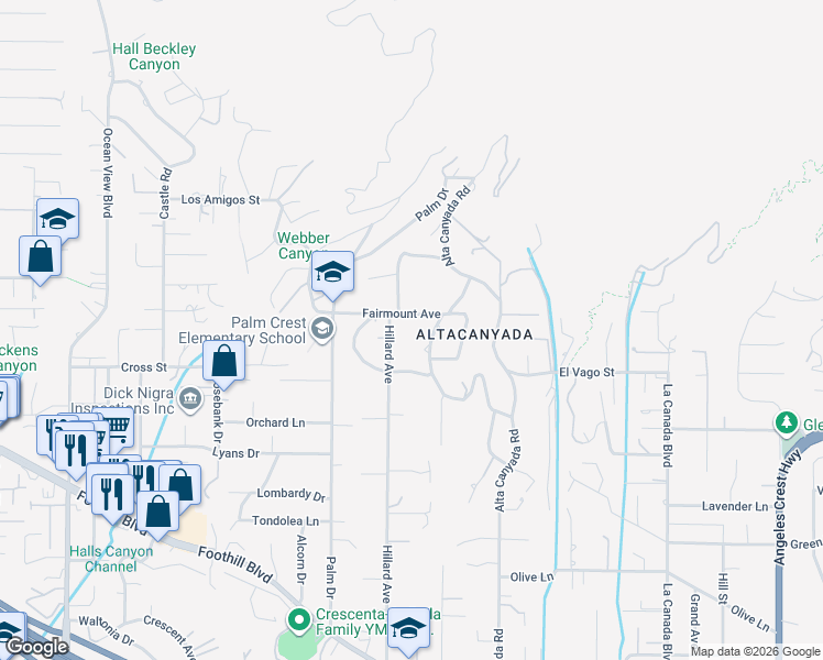 map of restaurants, bars, coffee shops, grocery stores, and more near 1730 Fairmount Avenue in La Cañada Flintridge