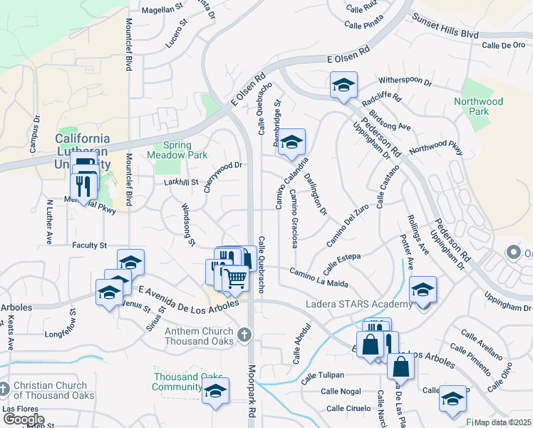 map of restaurants, bars, coffee shops, grocery stores, and more near 3038 Calle Quebracho in Thousand Oaks