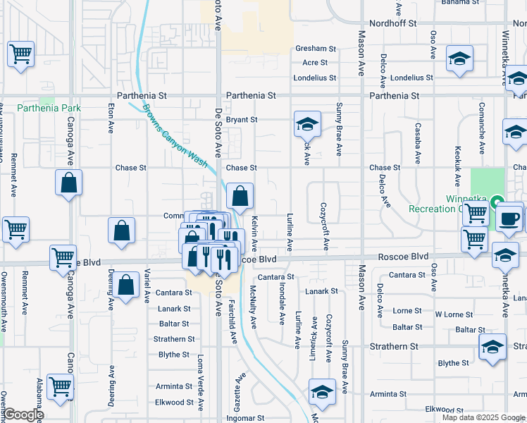 map of restaurants, bars, coffee shops, grocery stores, and more near 20735 Community Street in Los Angeles