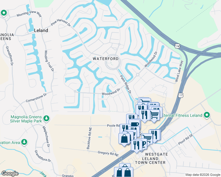 map of restaurants, bars, coffee shops, grocery stores, and more near 1226 Nightingale Court in Leland