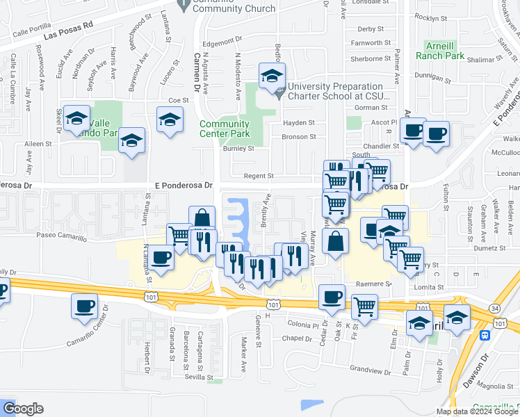 map of restaurants, bars, coffee shops, grocery stores, and more near 599 Durango Court in Camarillo