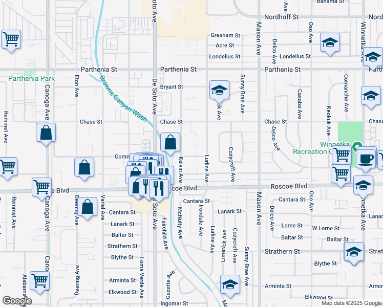 map of restaurants, bars, coffee shops, grocery stores, and more near 20735 Community St in Los Angeles