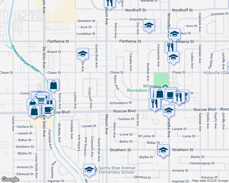 map of restaurants, bars, coffee shops, grocery stores, and more near 16655 Hackney Street in Los Angeles