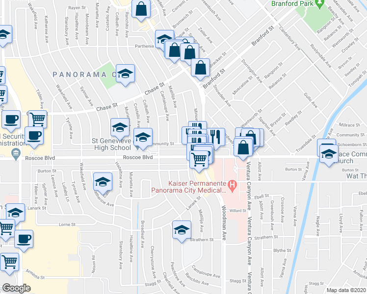 map of restaurants, bars, coffee shops, grocery stores, and more near 13836 Community Street in Los Angeles