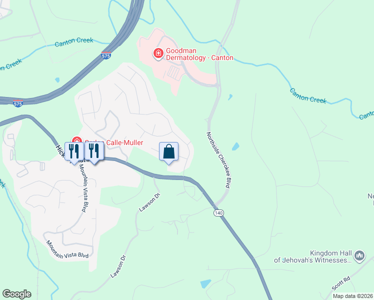 map of restaurants, bars, coffee shops, grocery stores, and more near 3565 Cherokee Overlook Drive in Canton