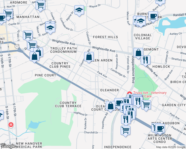 map of restaurants, bars, coffee shops, grocery stores, and more near 2618 Park Avenue in Wilmington
