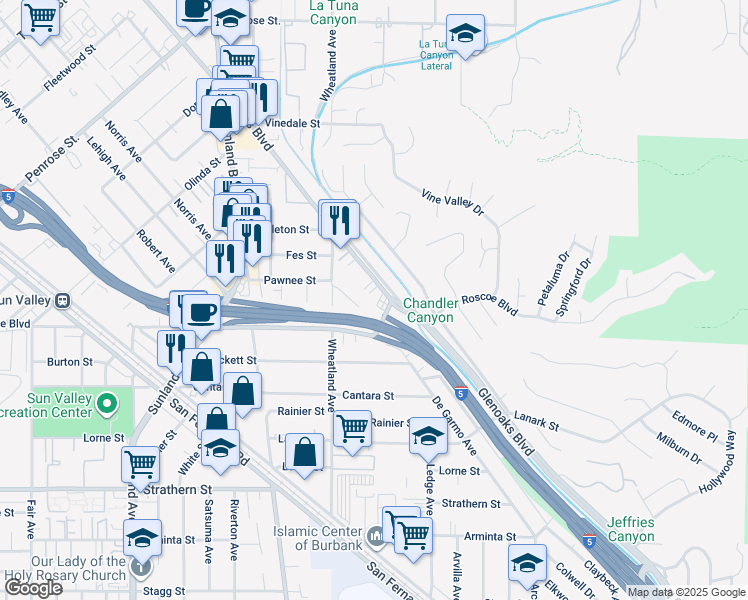 map of restaurants, bars, coffee shops, grocery stores, and more near 8350 De Garmo Avenue in Los Angeles