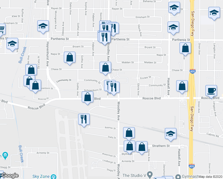map of restaurants, bars, coffee shops, grocery stores, and more near 37 Woodley Place in Los Angeles