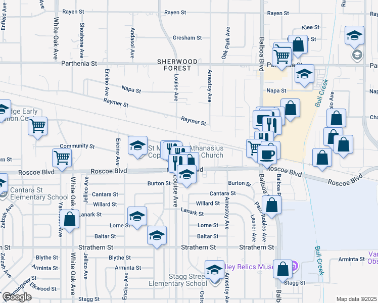 map of restaurants, bars, coffee shops, grocery stores, and more near 17259 Community Street in Los Angeles