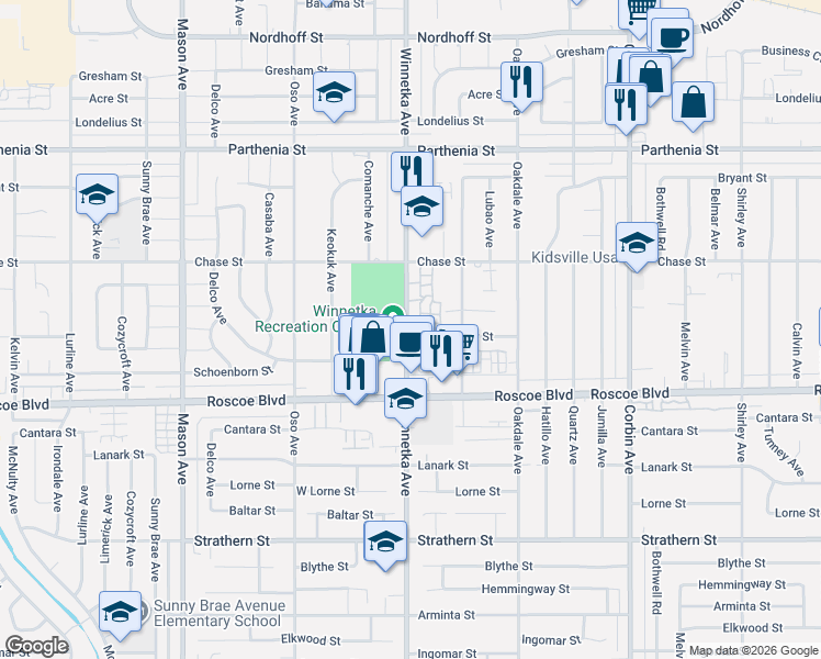 map of restaurants, bars, coffee shops, grocery stores, and more near 8410 Winnetka Avenue in Los Angeles