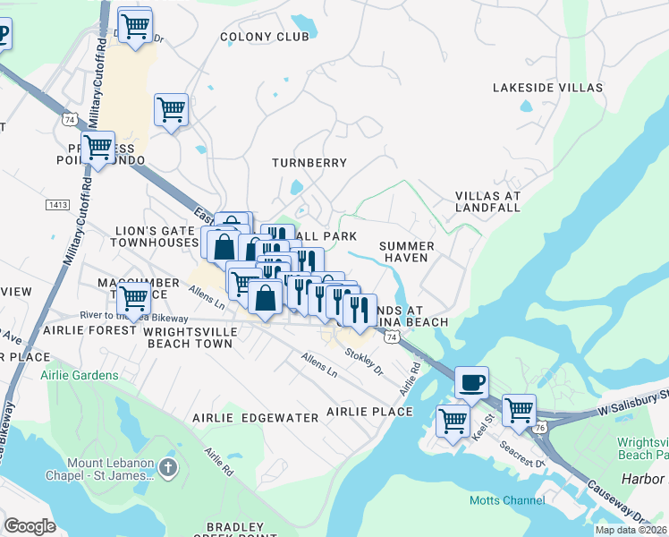 map of restaurants, bars, coffee shops, grocery stores, and more near 2001 Eastwood Road in Wilmington