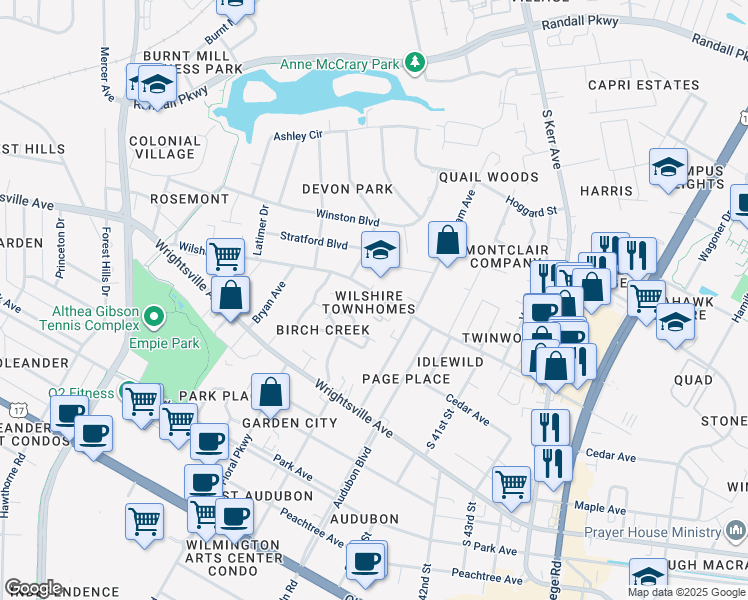 map of restaurants, bars, coffee shops, grocery stores, and more near 3805 Wilshire Boulevard in Wilmington
