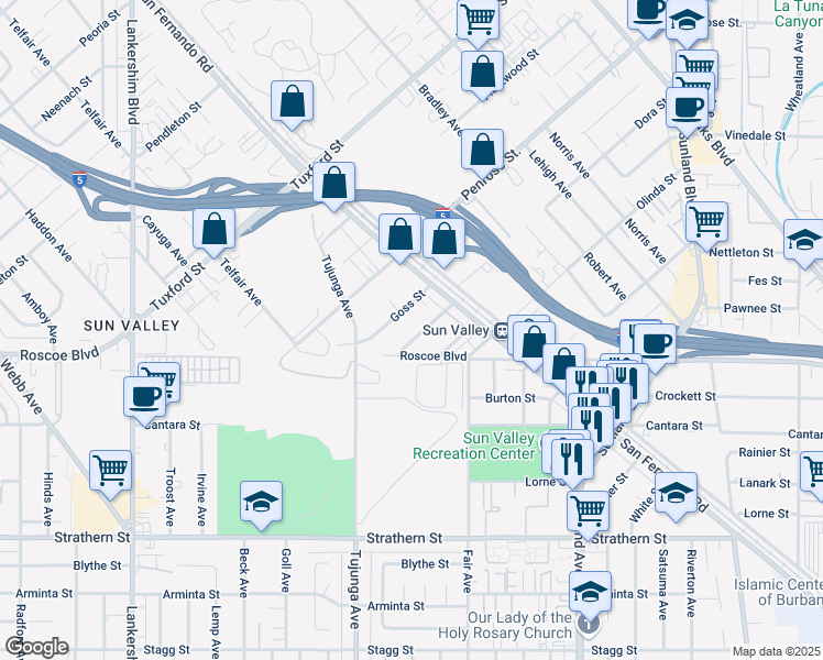 map of restaurants, bars, coffee shops, grocery stores, and more near 11253 Dora Street in Los Angeles