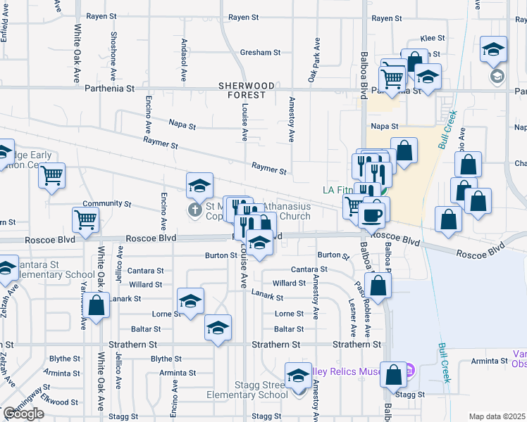 map of restaurants, bars, coffee shops, grocery stores, and more near 17241 Roscoe Boulevard in Los Angeles
