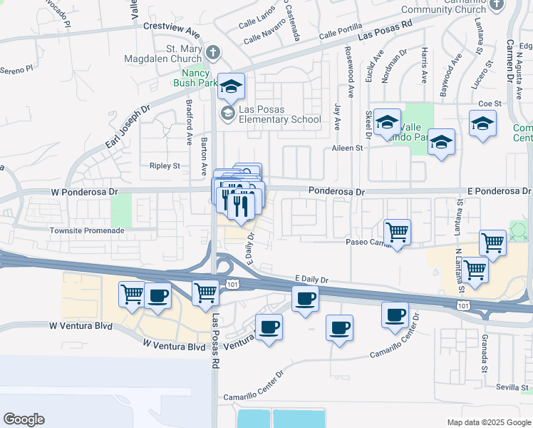 map of restaurants, bars, coffee shops, grocery stores, and more near 560 Calle La Roda in Camarillo