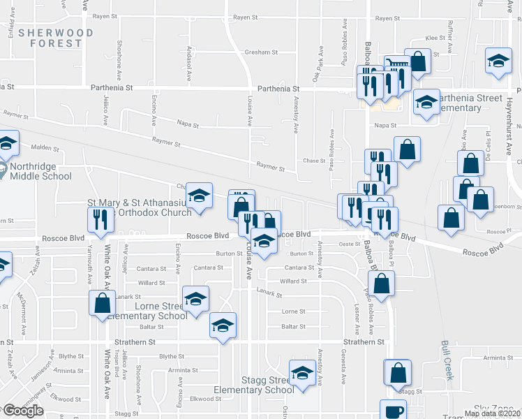 map of restaurants, bars, coffee shops, grocery stores, and more near 17259 Community Street in Los Angeles