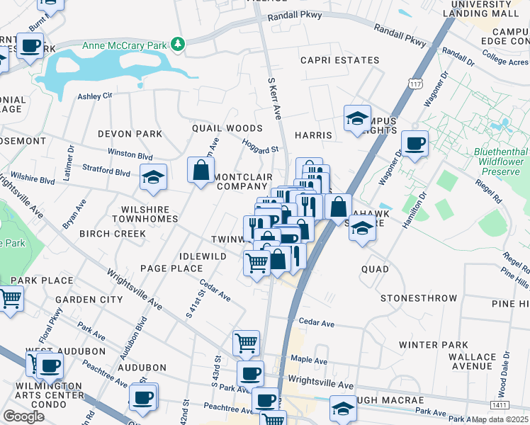 map of restaurants, bars, coffee shops, grocery stores, and more near 711 Varsity Drive in Wilmington