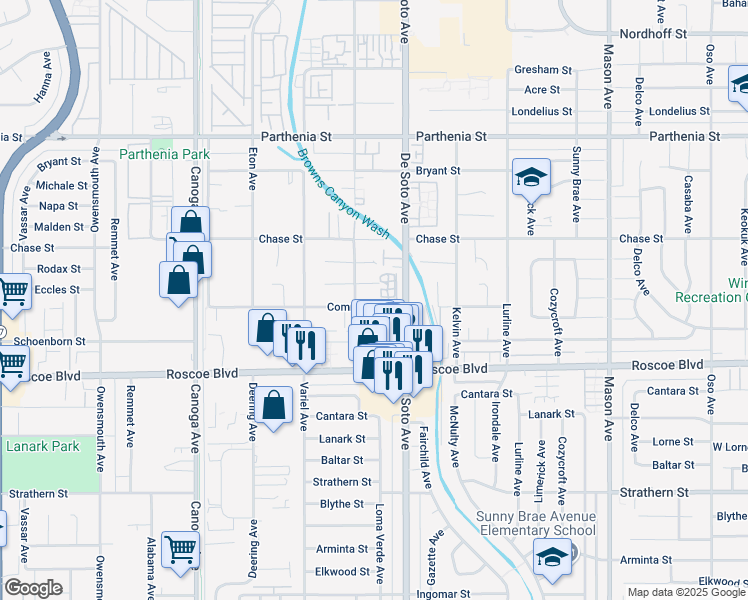 map of restaurants, bars, coffee shops, grocery stores, and more near 20935 Community Street in Los Angeles
