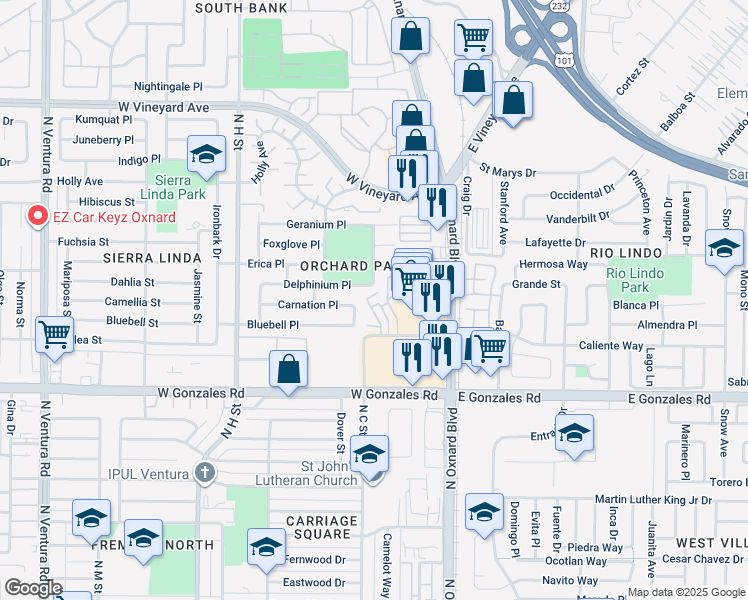 map of restaurants, bars, coffee shops, grocery stores, and more near 2107 Blackberry Circle in Oxnard