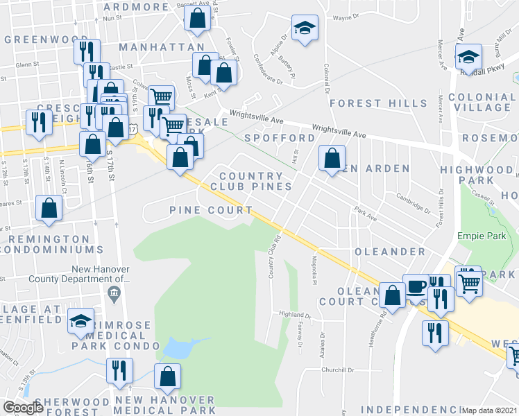 map of restaurants, bars, coffee shops, grocery stores, and more near 2317 Oleander Drive in Wilmington