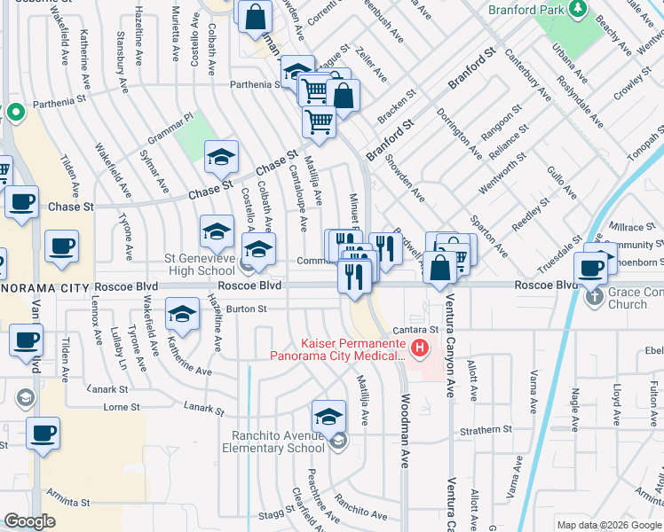map of restaurants, bars, coffee shops, grocery stores, and more near 13836 Community Street in Los Angeles