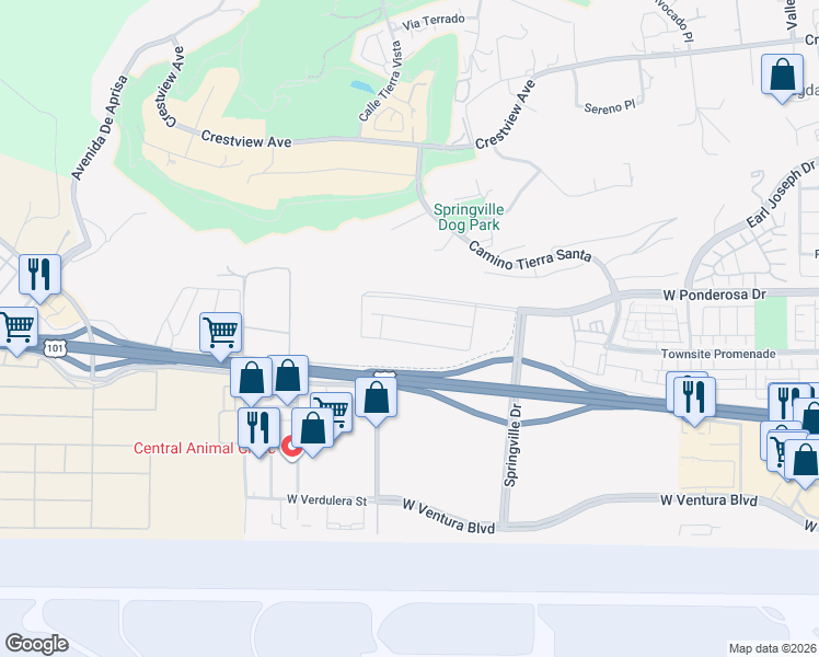 map of restaurants, bars, coffee shops, grocery stores, and more near 704 Guy Turner Drive in Camarillo