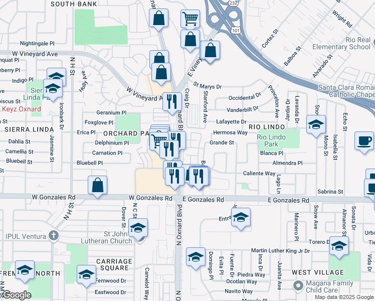 map of restaurants, bars, coffee shops, grocery stores, and more near 202 Galante Way in Oxnard