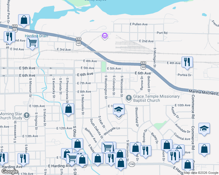 map of restaurants, bars, coffee shops, grocery stores, and more near 1905 East 8th Avenue in Pine Bluff