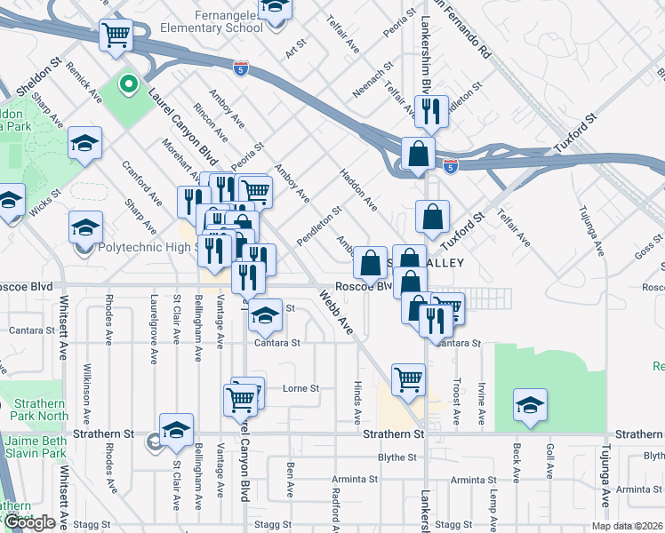 map of restaurants, bars, coffee shops, grocery stores, and more near 8431 Rincon Avenue in Los Angeles