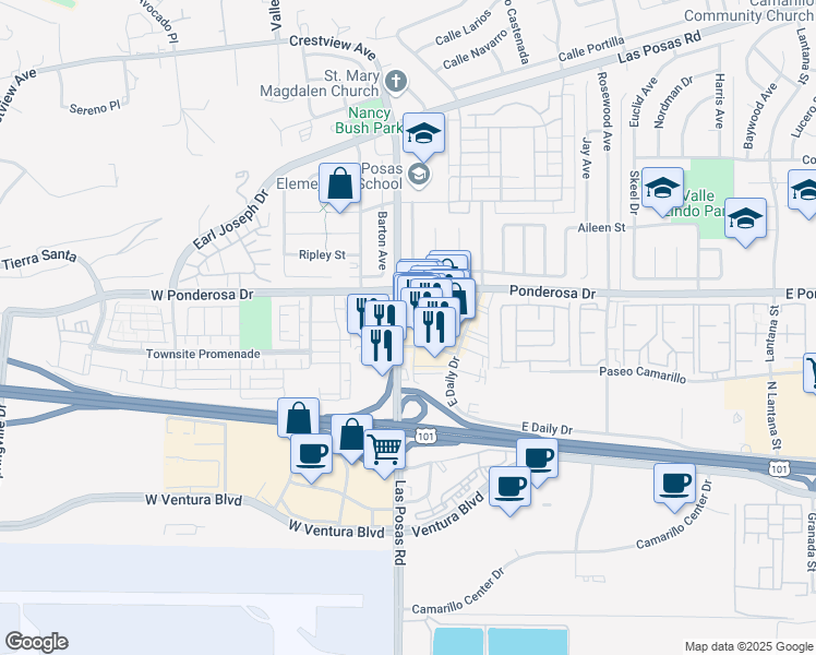 map of restaurants, bars, coffee shops, grocery stores, and more near 502 North Las Posas Road in Camarillo