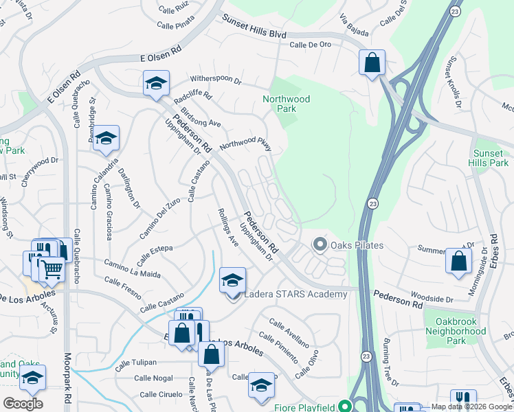 map of restaurants, bars, coffee shops, grocery stores, and more near 3156 Boxwood Circle in Thousand Oaks