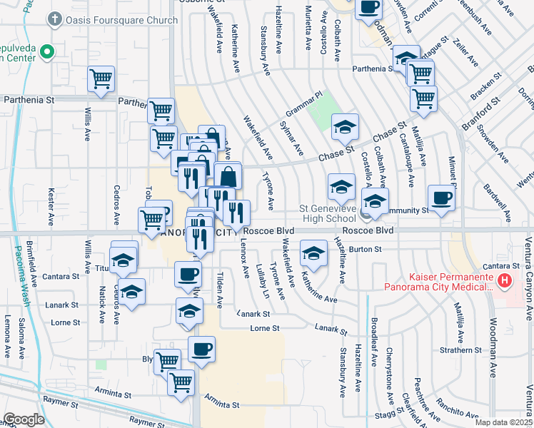 map of restaurants, bars, coffee shops, grocery stores, and more near 8327 Tyrone Avenue in Los Angeles
