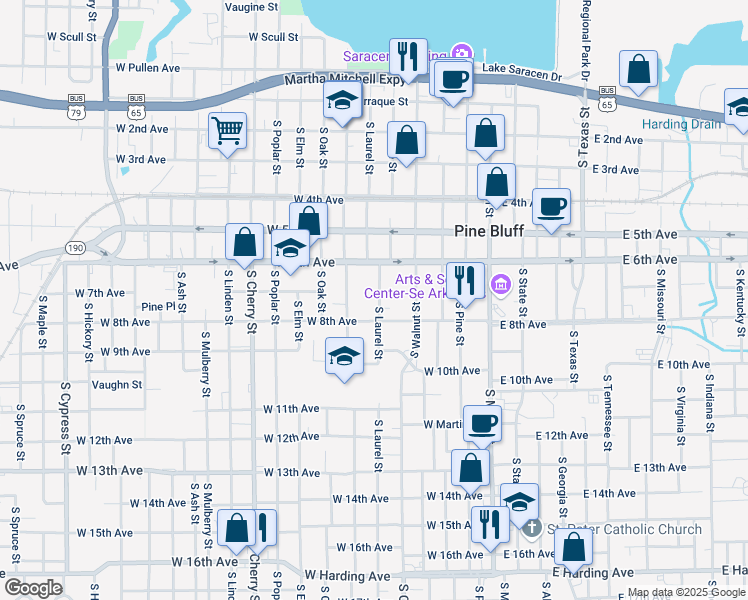 map of restaurants, bars, coffee shops, grocery stores, and more near 656 South Laurel Street in Pine Bluff