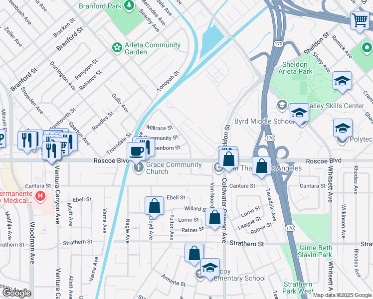 map of restaurants, bars, coffee shops, grocery stores, and more near 8323 Canterbury Avenue in Los Angeles