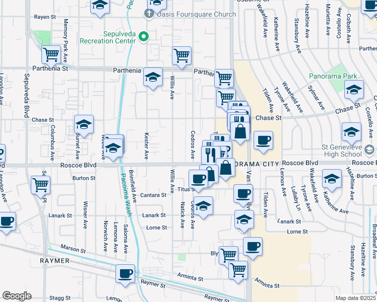 map of restaurants, bars, coffee shops, grocery stores, and more near 8331 Cedros Avenue in Los Angeles