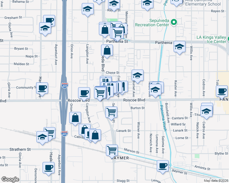 map of restaurants, bars, coffee shops, grocery stores, and more near 8340 Columbus Avenue in Los Angeles