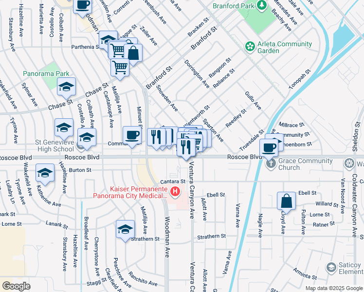 map of restaurants, bars, coffee shops, grocery stores, and more near 8320 Bardwell Avenue in Los Angeles