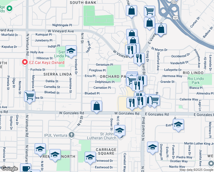 map of restaurants, bars, coffee shops, grocery stores, and more near 521 Carnation Place in Oxnard