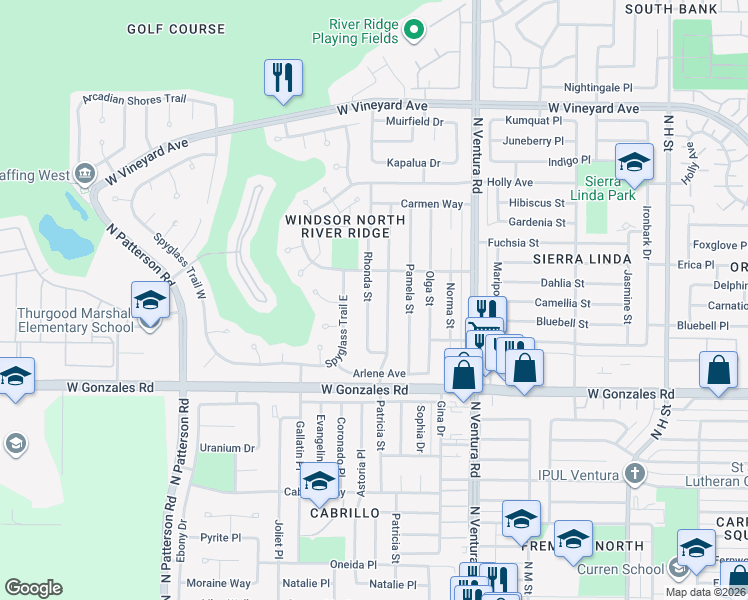 map of restaurants, bars, coffee shops, grocery stores, and more near 2064 Rhonda Street in Oxnard