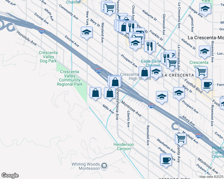 map of restaurants, bars, coffee shops, grocery stores, and more near 3225 Montrose Avenue in Glendale
