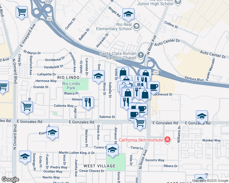 map of restaurants, bars, coffee shops, grocery stores, and more near 2055 Almanor Street in Oxnard