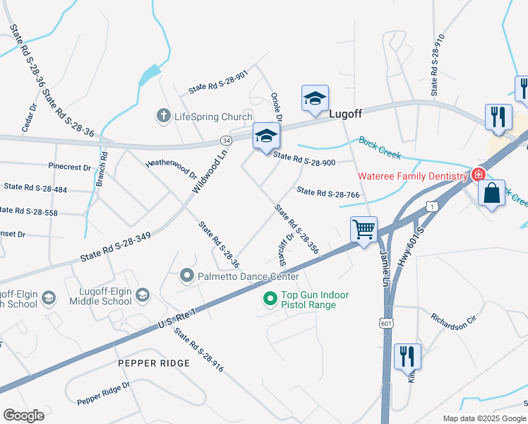 map of restaurants, bars, coffee shops, grocery stores, and more near 1060 State Road S-28-443 in Lugoff