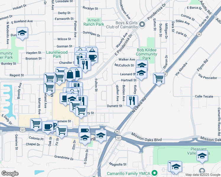 map of restaurants, bars, coffee shops, grocery stores, and more near 542 Graham Avenue in Camarillo