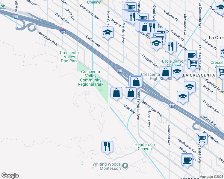 map of restaurants, bars, coffee shops, grocery stores, and more near 3340 Honolulu Avenue in Glendale