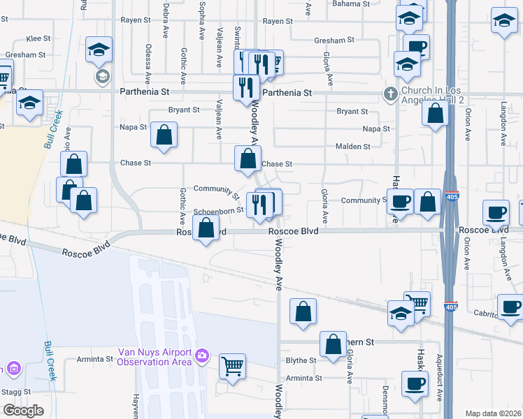 map of restaurants, bars, coffee shops, grocery stores, and more near 8338 Woodley Place in Los Angeles