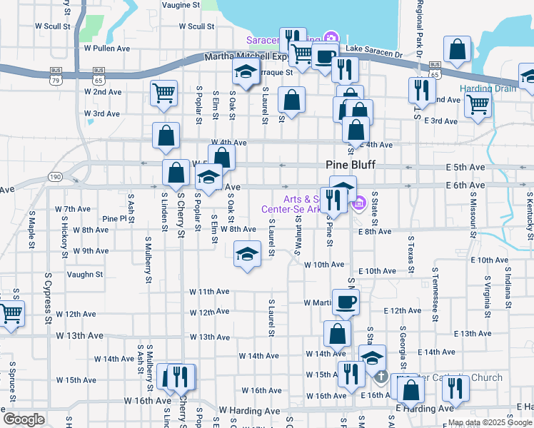 map of restaurants, bars, coffee shops, grocery stores, and more near 656 South Laurel Street in Pine Bluff
