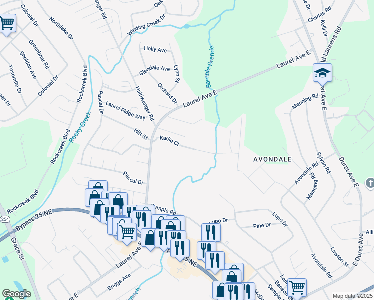 map of restaurants, bars, coffee shops, grocery stores, and more near 138 Karlie Court in Greenwood