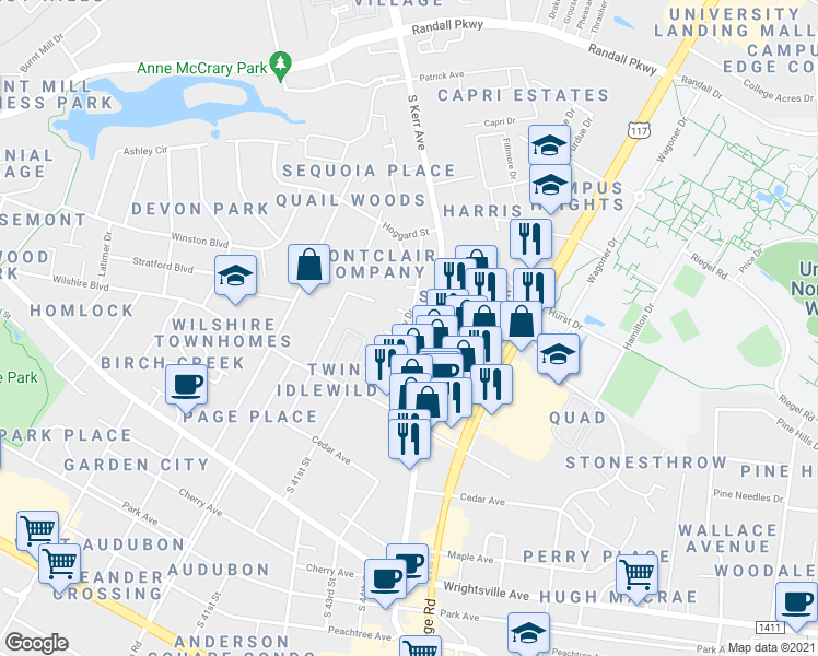 map of restaurants, bars, coffee shops, grocery stores, and more near 709 Varsity Drive in Wilmington